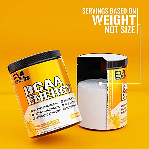 EVL BCAAs Amino Acids Powder - Rehydrating BCAA Powder Post Workout Recovery Drink with Natural Caffeine - BCAA Energy Pre Workout Powder for Muscle Recovery Lean Growth and Endurance - Orange Blast