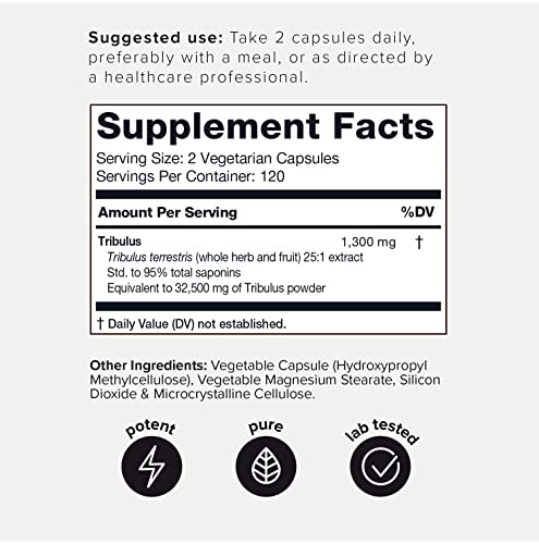 Ultra High Strength Tribulus Capsules - 95% Steroidal Saponins - 1300mg Concentrated Extract Formula for Testosterone - 240 Caps