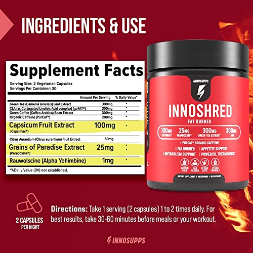 Inno Shred Thermogenic Fat Burner - Advanced Weight Loss Supplement, Appetite Suppressant, Energy Booster - 75mg Capsimax, Grains of Paradise, Organic Caffeine, Green Tea Extract - 60 Veggie Capsules
