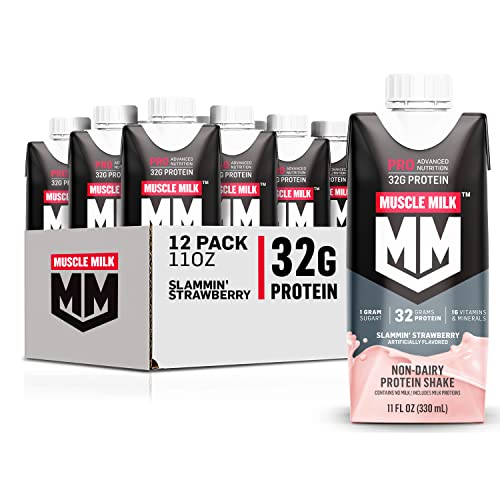 Muscle Milk Pro Advanced Nutrition Protein Shake, Slammin' Strawberry, 11 Fl Oz Carton, 12 Pack, 32g Protein, 1g Sugar, 16 Vitamins & Minerals, 5g Fiber, Workout Recovery, Packaging May Vary