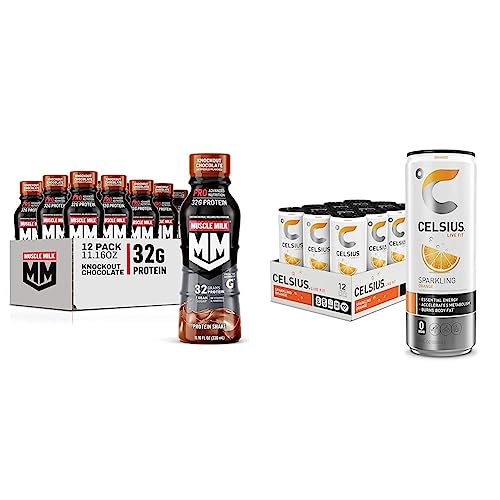 Muscle Milk Pro Advanced Nutrition Protein Shake & CELSIUS Sparkling Orange, Functional Essential Energy Drink 12 Fl Oz (Pack of 12)