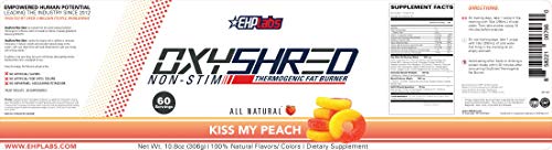 EHPlabs OxyShred Non Stimulant Thermogenic Pre Workout Powder & Shredding Supplement - Pre Workout Powder with L Glutamine & Acetyl L Carnitine, Energy Boost Drink - Peach, 60 Servings