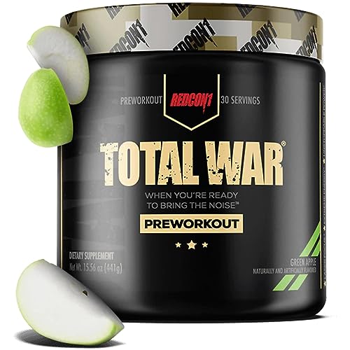 REDCON1 Total War Pre Workout Powder, Green Apple - Fast Acting Caffeinated Preworkout for Men + Women with Beta Alanine - Contains Citrulline Malate for Increased Pump, Blood Flow (30 Servings)