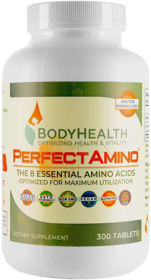 BodyHealth PerfectAmino (300 Tablets) 8 Essential Amino Acids Supplements with BCAA, Increase Muscle Recovery, Boost Energy & Stamina, 99% Utilization, Vegan Branched Chain Protein Pre/Post Workout