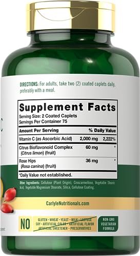 Carlyle Vitamin C 2000mg | with Rose Hips | 300 Caplets | Vegetarian, Non-GMO, Gluten Free Supplement