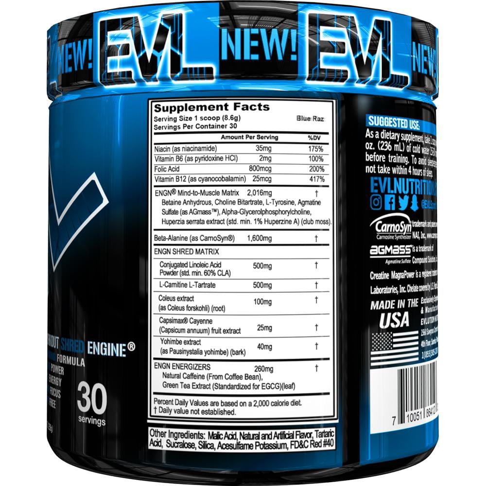 Evlution Nutrition ENGN Shred Pre Workout Thermogenic Fat Burner Powder, Energy, Weight Loss, 30 Servings (Blue Raz)
