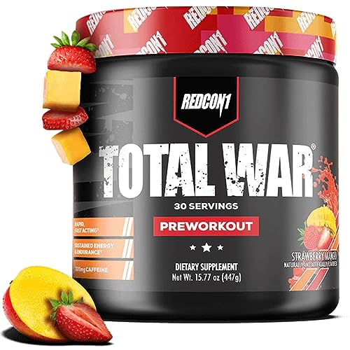 REDCON1 Total War Pre Workout - L Citrulline, Malic Acid, Green Tea Leaf Extract for Pump Boosting Pre Workout for Women & Men - 3.2g Beta Alanine to Reduce Exhaustion, Strawberry Mango, 30 Servings