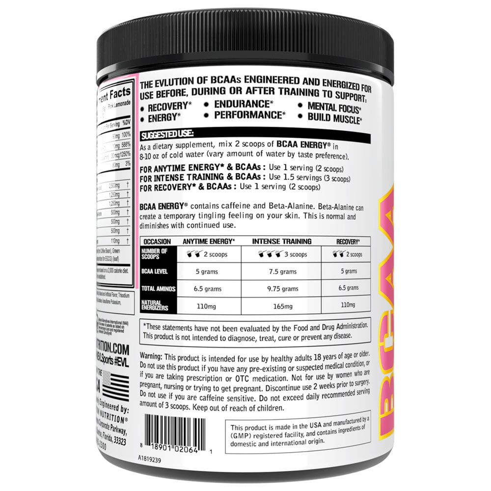 EVL BCAAs Amino Acids Powder - BCAA Energy Pre Workout Powder for Muscle Recovery Lean Growth and Endurance - Rehydrating BCAA Powder Post Workout Recovery Drink with Natural Caffeine - Pink Lemonade