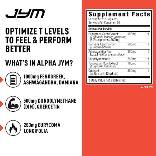 JYM Supplement Science Testosterone Booster - Ashwagandha, Fenugreek, Eurycoma, Damiana, and more | JYM Supplemental Science | 180 Vegetarian capsules | Alpha JYM