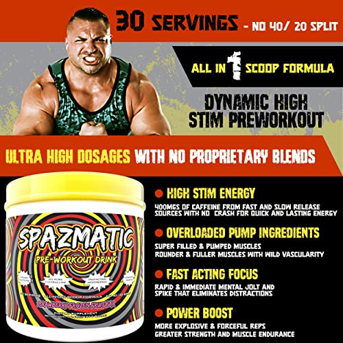 Tim Muriello's Spazmatic Preworkout (Strawberry) - 400mgs Caffeine - 6 Grams Pure Citrulline for Muscle Pumps- Fast Acting Focus - 30 Full Servings - All-In-1-Scoop Formula