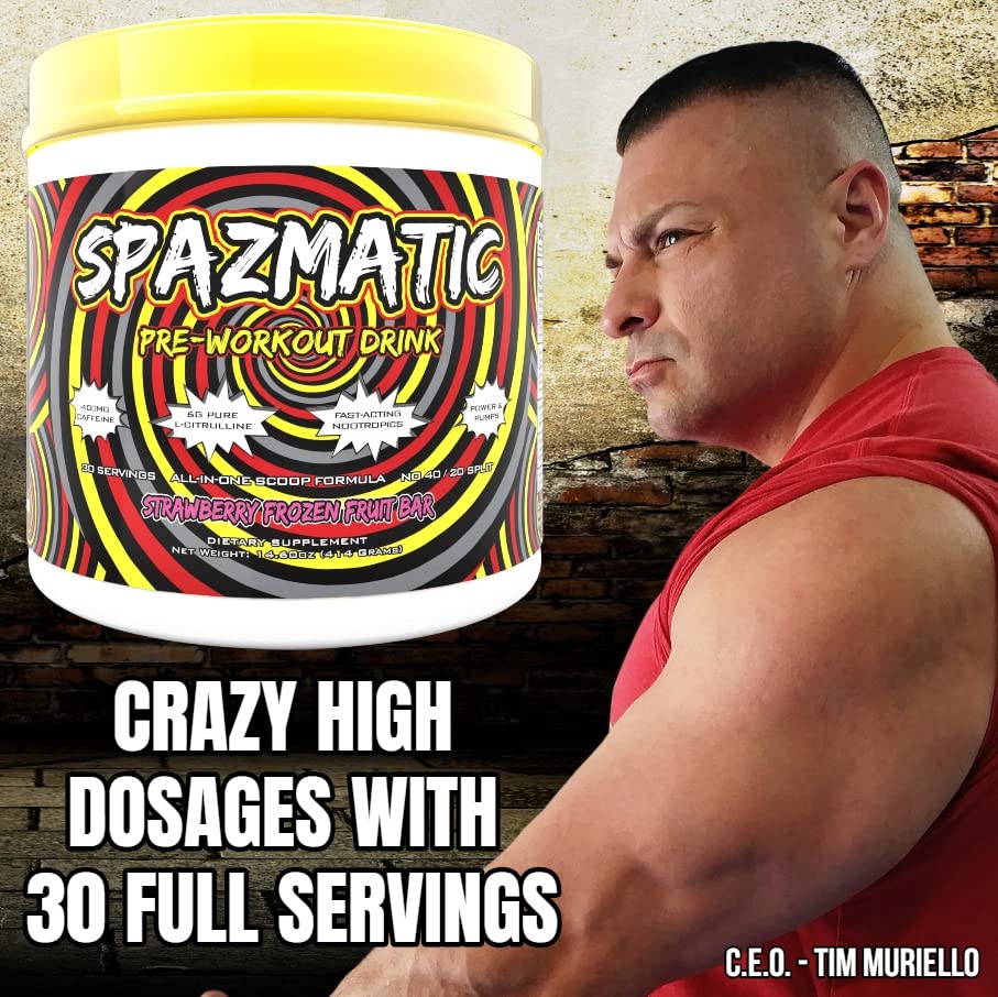 Tim Muriello's Spazmatic Preworkout (Strawberry) - 400mgs Caffeine - 6 Grams Pure Citrulline for Muscle Pumps- Fast Acting Focus - 30 Full Servings - All-In-1-Scoop Formula
