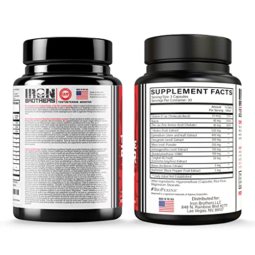 Iron Brothers Testosterone Booster for Men - Estrogen Blocker - Supplement Natural Energy, Strength & Stamina - Lean Muscle Growth - Promotes Fat Loss - Increase Male Performance (2 Bottles)