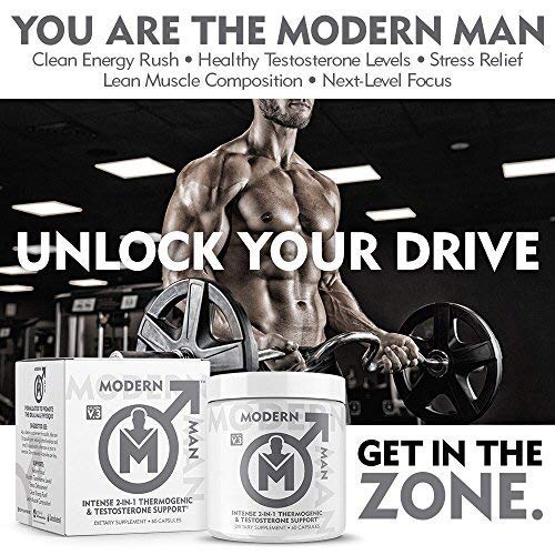 Modern Man V3 - Testosterone Booster + Thermogenic Fat Burner for Men, Boost Focus, Energy & Alpha Drive - Anabolic Weight Loss Supplement & Lean Muscle Builder | Lose Belly Fat - 60 Pills
