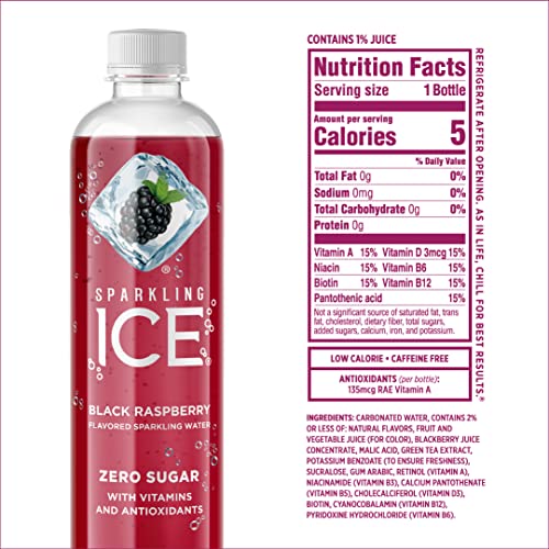 Sparkling Ice, Black Raspberry Sparkling Water, with Antioxidants and Vitamins, Zero Sugar, 17 fl oz Bottles (Pack of 12)