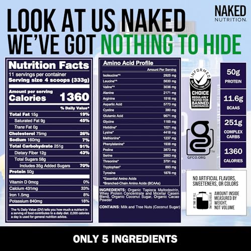 NAKED MASS - All Natural Weight Gainer Protein Powder - 8lb Bulk, GMO Free, Gluten Free & Soy Free. No Artificial Ingredients - 1,250 Calories - 11 Servings