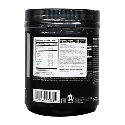 Animal Fury Pre Workout Powder Supplement â Energize Your Workout With More Focus, Energy, Endurance and Pumps, Watermelon, 20 Servings, 11.28 Ounce