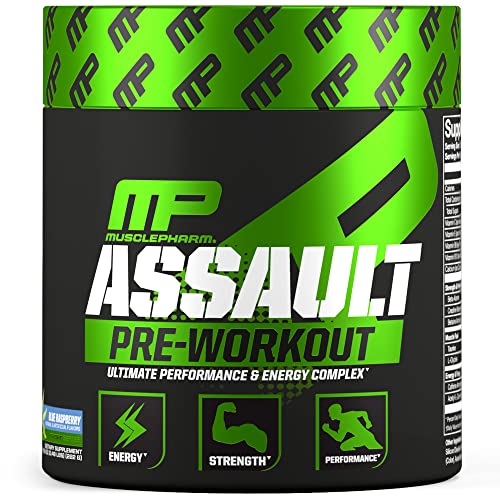 MusclePharm Assault Pre-Workout Powder, Pre-Workout Creatine for Energy, Focus, Strength, and Endurance with Creatine, Taurine, and Caffeine, Blue Raspberry, 30 Servings