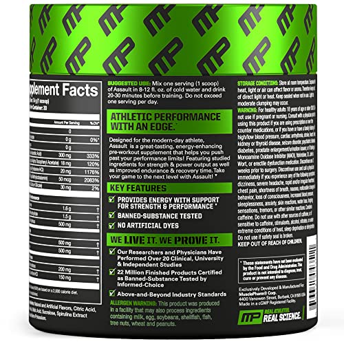 MusclePharm Assault Pre-Workout Powder, Pre-Workout Creatine for Energy, Focus, Strength, and Endurance with Creatine, Taurine, and Caffeine, Blue Raspberry, 30 Servings