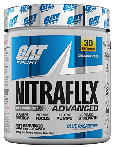 GAT Sport Nitraflex Advanced Pre-Workout Powder, Increases Blood Flow, Boosts Strength and Energy, Improves Exercise Performance, Creatine-Free (Blue Raspberry, 30 Servings)