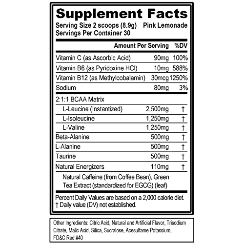 EVL BCAAs Amino Acids Powder - BCAA Energy Pre Workout Powder for Muscle Recovery Lean Growth and Endurance - Rehydrating BCAA Powder Post Workout Recovery Drink with Natural Caffeine - Pink Lemonade