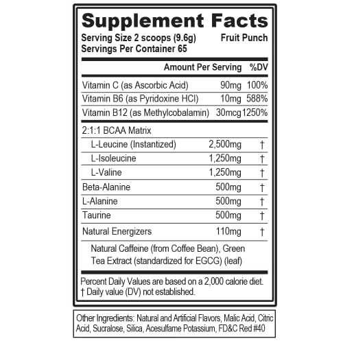 EVL BCAAs Amino Acids Powder - BCAA Energy Pre Workout Powder for Muscle Recovery Lean Growth and Endurance - Rehydrating BCAA Powder Post Workout Recovery Drink with Natural Caffeine - Fruit Punch