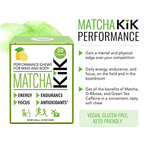 Matcha KiK Energy Chews - for Energy, Mental Focus, Endurance and Antioxidants. Healthy, Non-GMO Sport Chews with Premium Japanese Matcha Powder, D-Ribose and Green Tea Caffeine. 30 Servings.