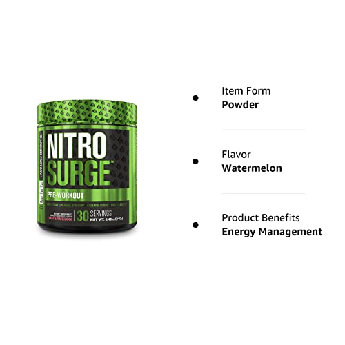 NITROSURGE Pre Workout Supplement - Endless Energy, Instant Strength Gains, Clear Focus, Intense Pumps - Nitric Oxide Booster & Powerful Preworkout Energy Powder - 30 Servings, Watermelon