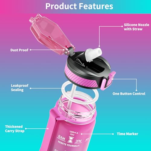 32oz Motivational Water Bottle with Time Marker and Straw