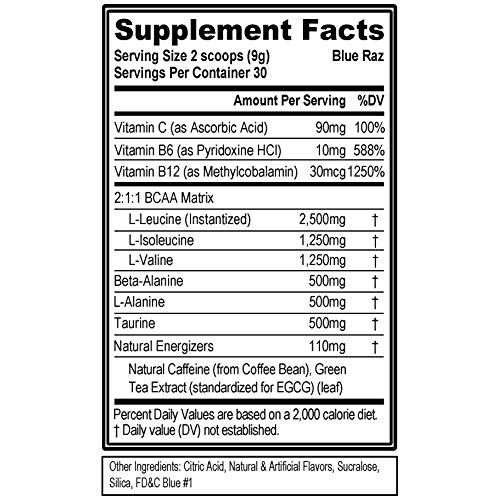 EVL BCAAs Amino Acids Powder - Rehydrating BCAA Powder Post Workout Recovery Drink with Natural Caffeine - BCAA Energy Pre Workout Powder for Muscle Recovery Lean Growth and Endurance - Blue Raz