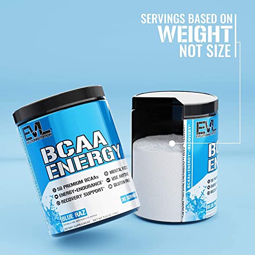 EVL BCAAs Amino Acids Powder - Rehydrating BCAA Powder Post Workout Recovery Drink with Natural Caffeine - BCAA Energy Pre Workout Powder for Muscle Recovery Lean Growth and Endurance - Blue Raz