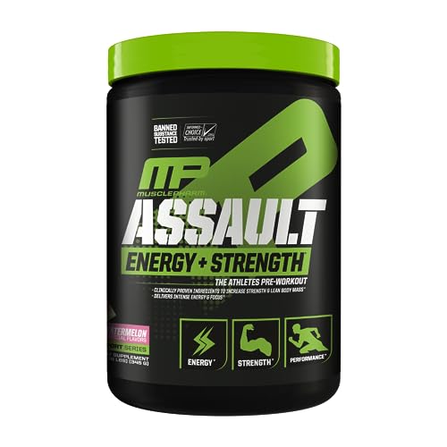 MusclePharm Assault Sport Pre-Workout Powder with High-Dose Energy, Focus, Strength, and Endurance with Creatine, Taurine, and Caffeine, Watermelon, Energy Drink Powder, Pre-Workout Power, 30 Servings