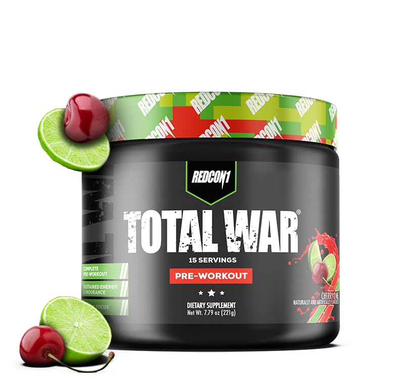 REDCON1 Total War Pre Workout Powder - Endurance, Alertness, Pump Boosting Citrulline Malate & Beta Alanine - Fast Acting, Caffeinated Preworkout for Men & Women (Cherry Lime, 15 Servings)