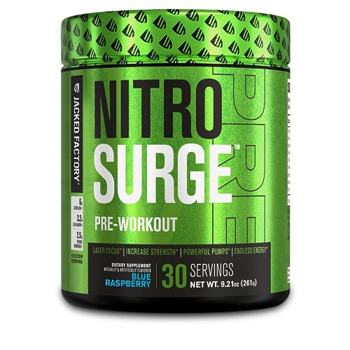 NITROSURGE Pre Workout Supplement - Energy Booster, Instant Strength Gains, Clear Focus, & Intense Pumps - Nitric Oxide Booster & Powerful Preworkout Energy Powder - 30 Servings, Blue Raspberry