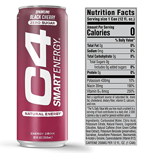C4 Smart Energy Drink - Sugar Free Performance Fuel & Nootropic Brain Booster, Coffee Substitute or Alternative | Black Cherry 12 Oz - 12 Pack