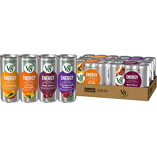 V8 +ENERGY Pomegranate Blueberry, Orange Pineapple, Peach Mango And Black Cherry Energy Drink Variety Pack, Made With Real Vegetable And Fruit Juices, 8 Ounce Can (Pack of 24)