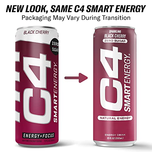 C4 Smart Energy Drink - Sugar Free Performance Fuel & Nootropic Brain Booster, Coffee Substitute or Alternative | Black Cherry 12 Oz - 12 Pack