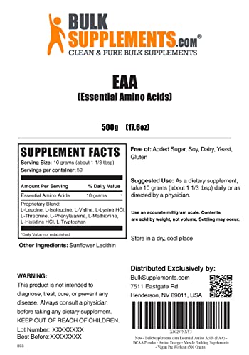BULKSUPPLEMENTS.COM Essential Amino Acids Powder - Essential Amino Acids Supplement - EAAs Amino Acids Powder - EAA Powder - 10g per Serving, 50 Servings (500 Grams - 1.1 lbs)