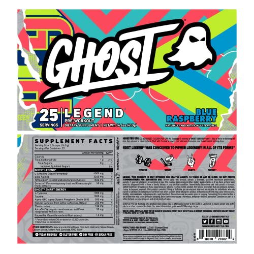 GHOST Legend Pre-Workout Energy Powder, Blue Raspberry - 25 Servings - Caffeine, L-Citrulline, & Beta Alanine Blend for Energy Focus & Pumps - Free of Soy, Sugar & Gluten, Vegan