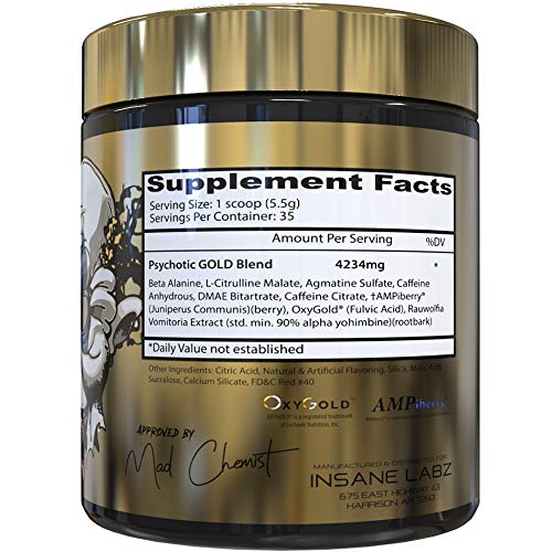 Insane Labz Psychotic Gold, High Stimulant Pre Workout Powder, Extreme Lasting Energy, Focus, Pumps and Endurance with Beta Alanine, DMAE Bitartrate, Citrulline, NO Booster, 35 Srvgs,Melon Mint