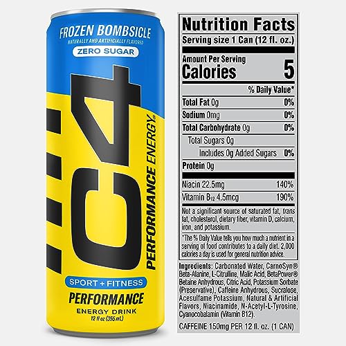 C4 Energy Drink 12oz (Pack of 12) - Frozen Bombsicle - Sugar Free Pre Workout Performance Drink with No Artificial Colors or Dyes