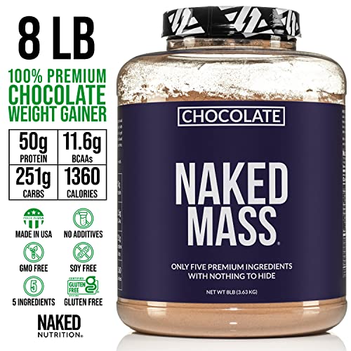 Chocolate Naked Mass - All Natural Chocolate Weight Gainer Protein Powder - 8lb Bulk, GMO Free, Gluten Free & Soy Free. No Artificial Ingredients - 1,360 Calories - 11 Servings