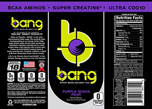Bang Purple Guava Pear Energy Drink, 0 Calories, Sugar Free with Super Creatine, 16 Fl Oz (Pack of 12)