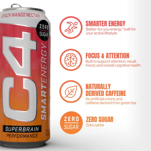 C4 Smart Energy Drink - Sugar Free Performance Fuel & Nootropic Brain Booster, Coffee Substitute or Alternative | Peach Mango Nectar 16 Oz - 12 Pack
