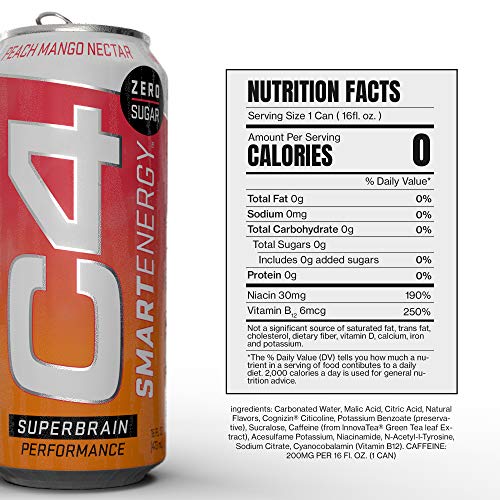 C4 Smart Energy Drink - Sugar Free Performance Fuel & Nootropic Brain Booster, Coffee Substitute or Alternative | Peach Mango Nectar 16 Oz - 12 Pack