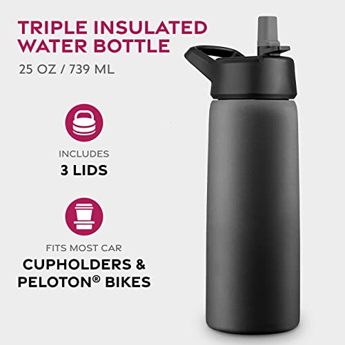 Triple Walled Insulated Water Bottle w/ Straw - 25 Oz Stainless Steel Gym Bottle - Black
