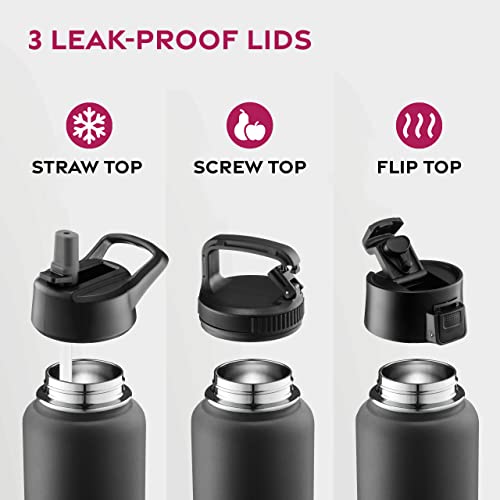 Triple Walled Insulated Water Bottle w/ Straw - 25 Oz Stainless Steel Gym Bottle - Black