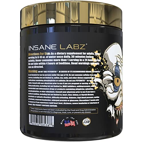 Insane Labz Psychotic Gold, High Stimulant Pre Workout Powder, Extreme Lasting Energy, Focus, Pumps and Endurance with Beta Alanine, DMAE Bitartrate, Citrulline, NO Booster, 35 Srvgs
