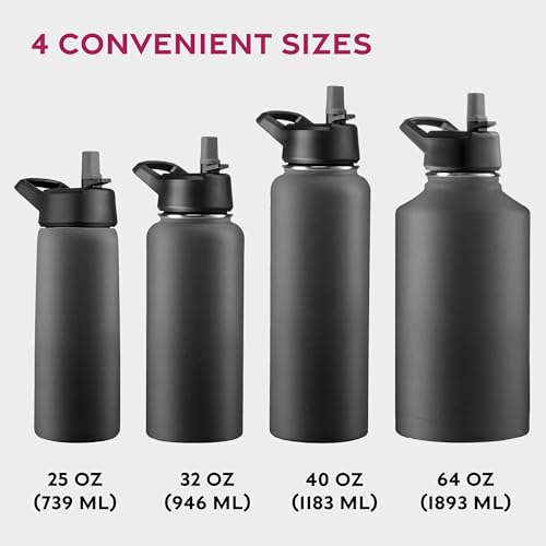 Triple Walled Insulated Water Bottle w/ Straw - 25 Oz Stainless Steel Gym Bottle - Black
