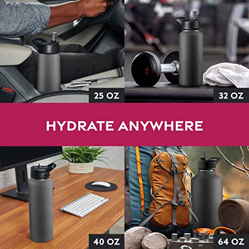 Triple Walled Insulated Water Bottle w/ Straw - 25 Oz Stainless Steel Gym Bottle - Black