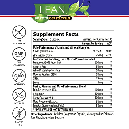 LEAN Nutraceuticals Md Certified Testosterone Booster for Men Supplement Natural Actives Metabolism Booster Muscle Builder Tongkat Ali, Tribulus Territis, Horny Goat, Dhea, DAA, Fenugreek 90 Caps